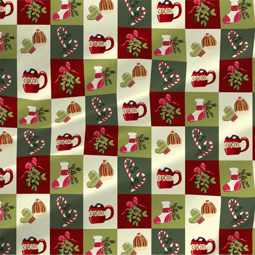 Checkered Christmas Morning holiday fabric in Christmas Green Grande with cocoa mugs, stockings, candy canes, mittens, holly, and mistletoe
