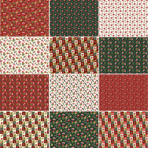 Christmas Morning Fat Quarter Bundle with 12 red, green, and cream holiday fabric prints for quilting and Christmas sewing