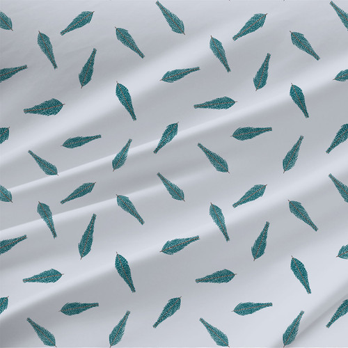 Spruce Branches Christmas fabric in Cranberry Frost with teal evergreen leaves on a pale gray background