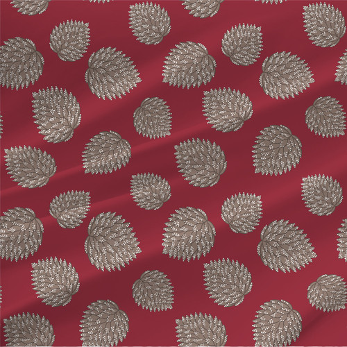 Pinecones Christmas fabric in Cranberry Frost with taupe pinecone motifs and white dotted details on a deep red background