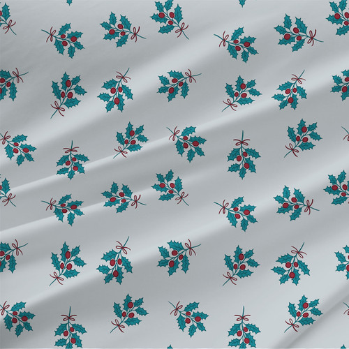 Holly Christmas fabric in Cranberry Frost with teal holly leaves, cranberry berries, and ribbon bows on a pale frosted ground