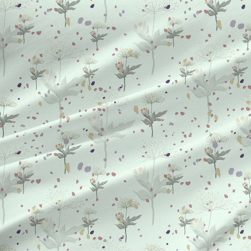 Dandelion Meadow Pale Sage fabric with airy dandelion stems, soft grey-green leaves, and scattered mauve details