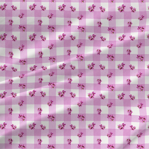 Blossom Heirloom floral gingham fabric in Petal Pink with small pink watercolor blossoms on a bright pink check