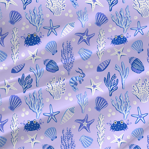Ocean Life Coastal Toss fabric in Blue with shells, coral, starfish, crabs, bubbles, seaweed, and small ocean life motifs on a soft lavender-blue ground.