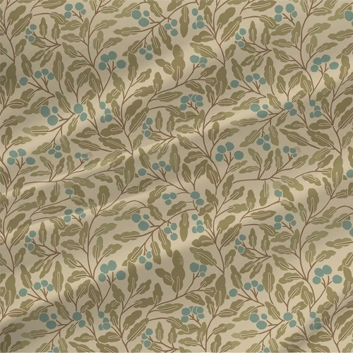 Berries on the Vine fabric in Blue with green leaves, brown vine branches, and muted blue berries on a warm neutral ground.
