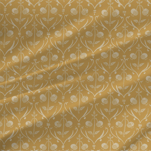 Elegant Pomegranate fabric in a rich golden-yellow ground with soft cream detailing.