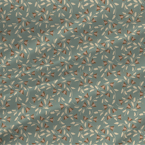 Folk Art Tulip Scroll fabric in Blue with cream scrolling vines, rust tulip buds, and soft folk art botanical texture.
