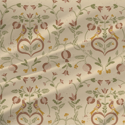 Love Birds fabric in Beige with mirrored birds, olive vines, pomegranate motifs, small florals, and warm folk art botanical detail.