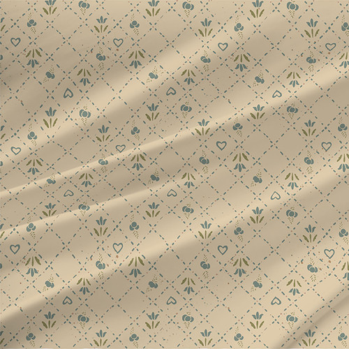 Tulip Check fabric in Blue - Diamond lattice tulip fabric with folk hearts and florals.