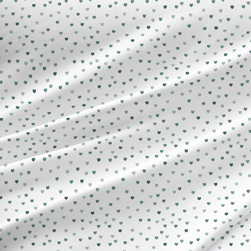 Sweet Hearts mini heart fabric in Seagreen with sea green, deep teal, and soft blue-gray hearts on a light ground.