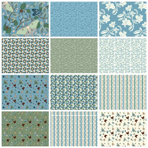 Spring Break Blue Fat Quarter Bundle by AmeliaRita Designs – 12 coordinating moth, butterfly, botanical and geometric fabric prints