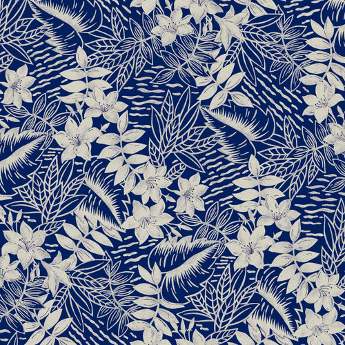 Garden Toile – Navy – tropical floral toile fabric by the yard