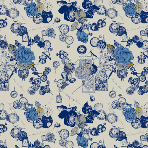 Tic Toc – Indigo – vintage clock and floral fabric by the yard