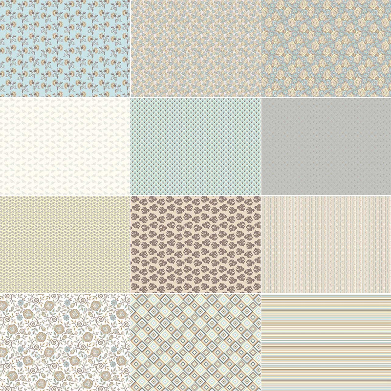 Nostalgic Summer Fat Quarter Bundle - 12 coordinating prints in soft tan, blues, aqua, gray, and beige.