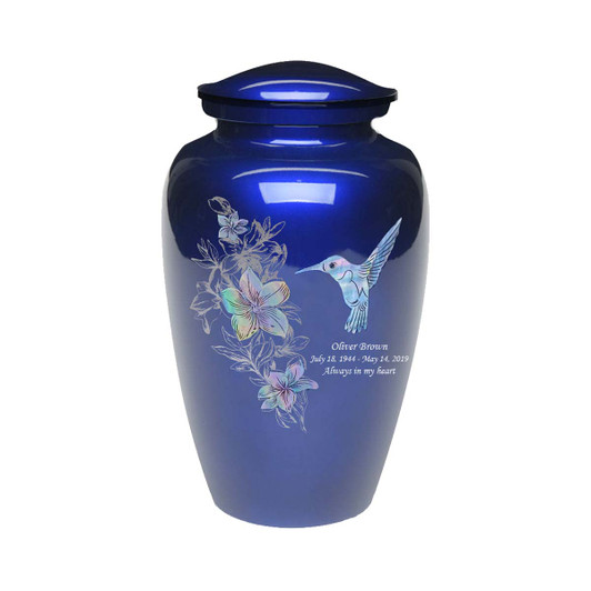 Exquisite Mother of Pearl Hummingbird Blue Urn