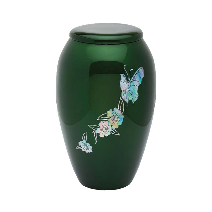 Butterfly Flat Top Mother of Pearl Green Urn