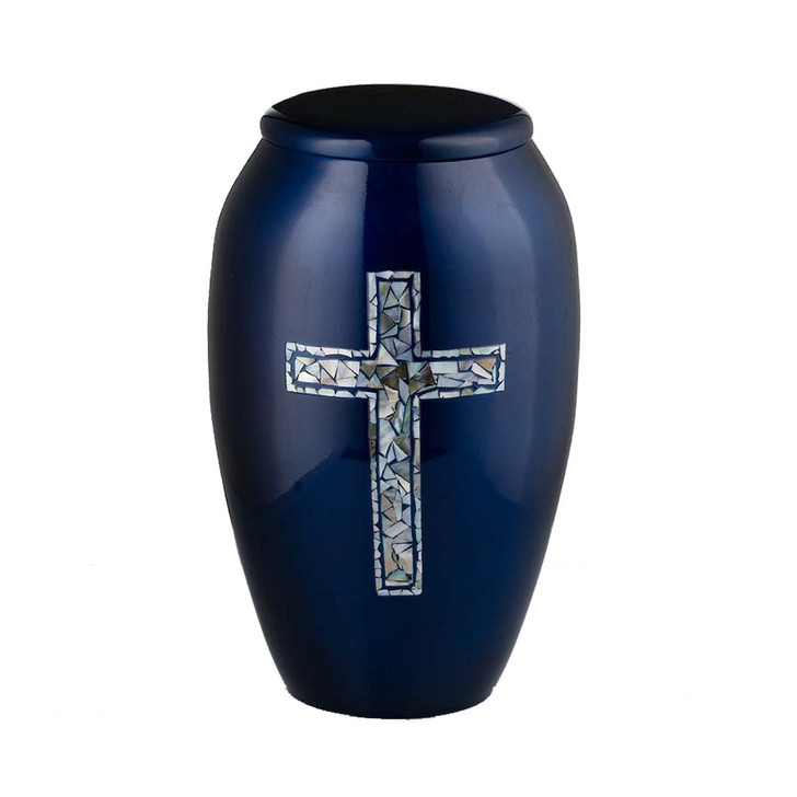 Cross Flat Top Mother of Pearl Blue Urn