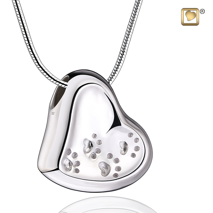 Pendant Leaning Heart with Paw Prints Rhodium Plated
