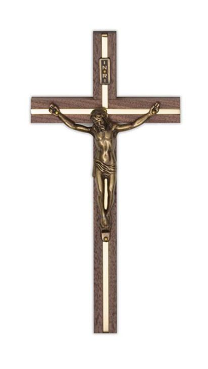 Bronze Plated Corpus Metal Cross in Walnut