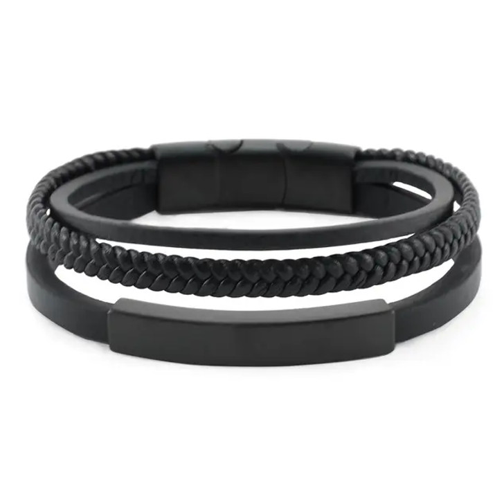 Onyx and Black Triple Band Leather Bracelet - Turner Memorial