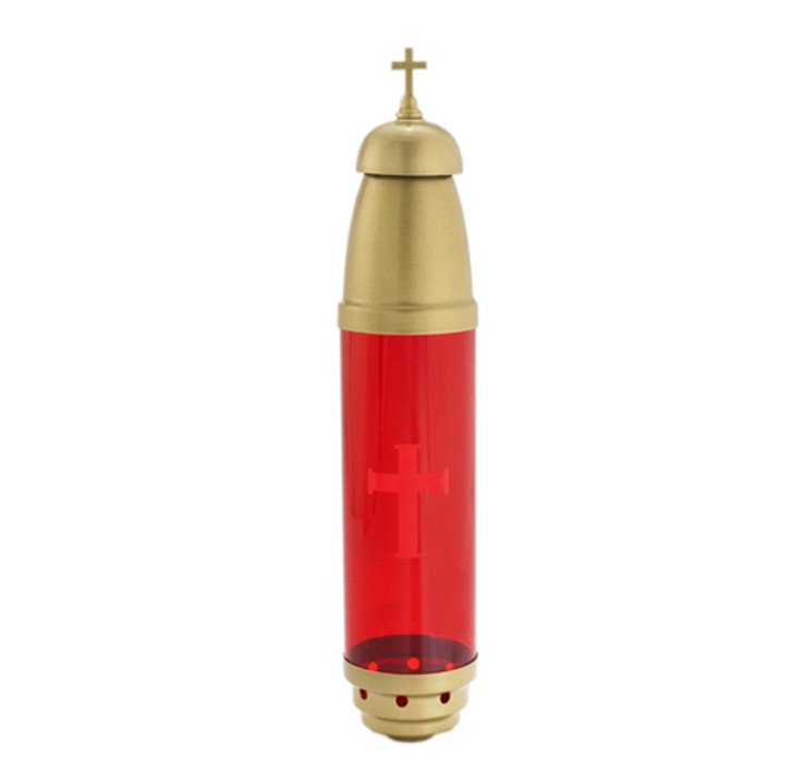 Candle Cemetery Lamp - Gold with Red Globe - with Cross