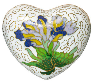 White Iris Cloisonne Heart Keepsake w/ Stand