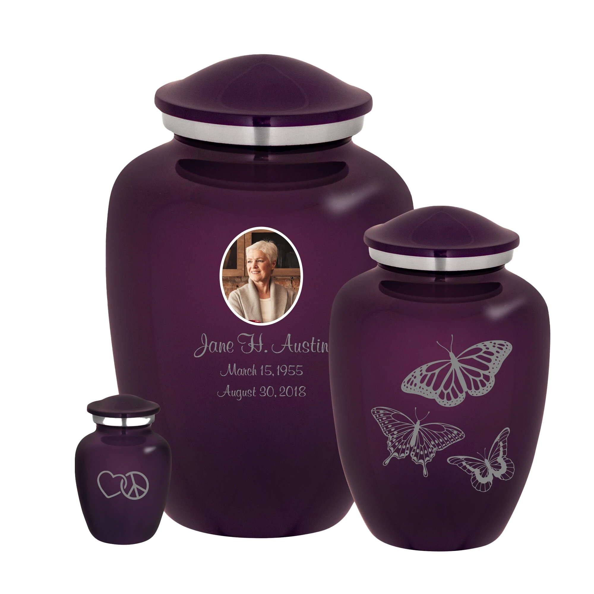 Personalized cremation urns showing photo engraving, butterfly emblems, and keepsake options