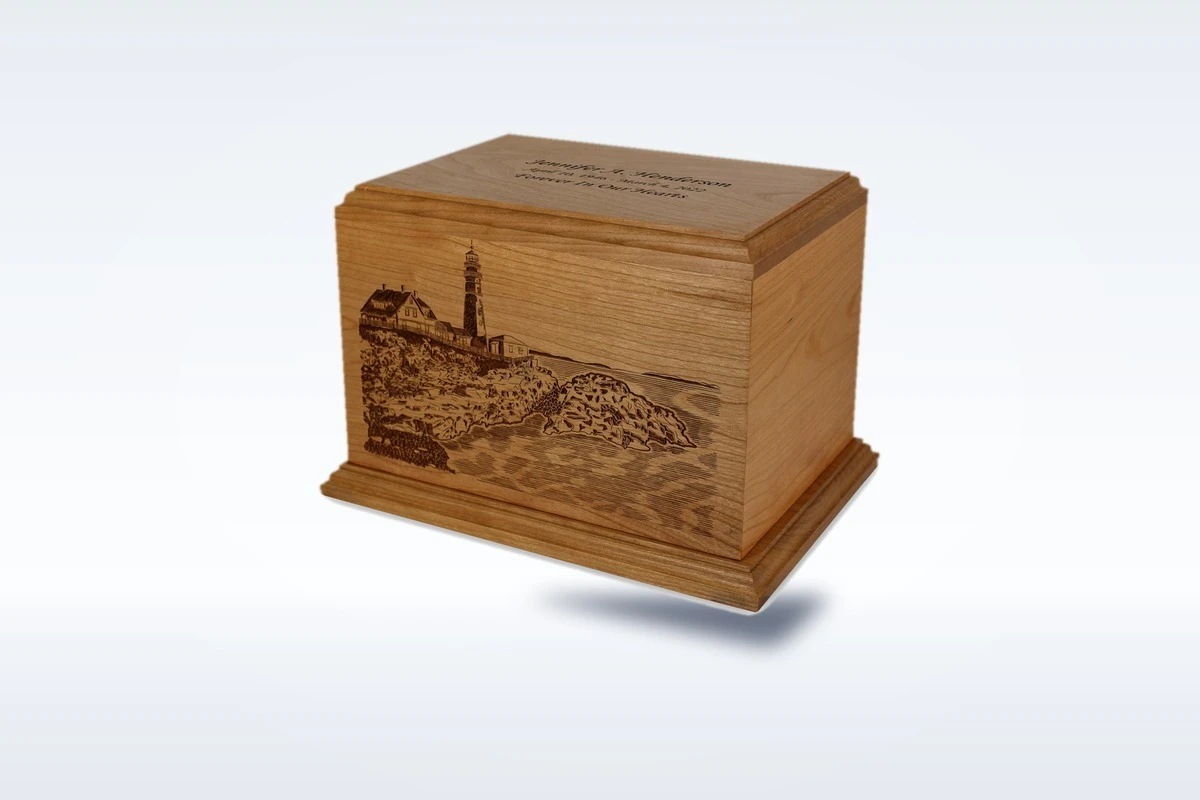 The Portland Headlight engraved cherry cremation urn, made in Maine