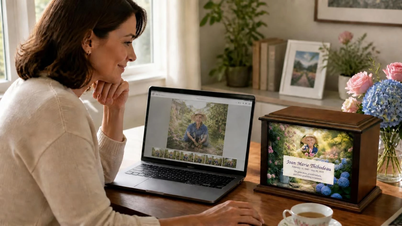 Reviewing a personalized urn design against the family’s own photographs, with the finished piece alongside