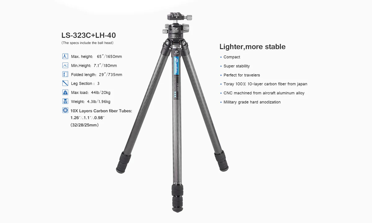 Leofoto LS-323C Professional Light Weight Carbon Fiber Tripod + LH