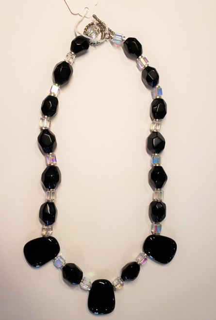Necklace Onyx and Mystic Aura Crystal with Silver Accents 32"