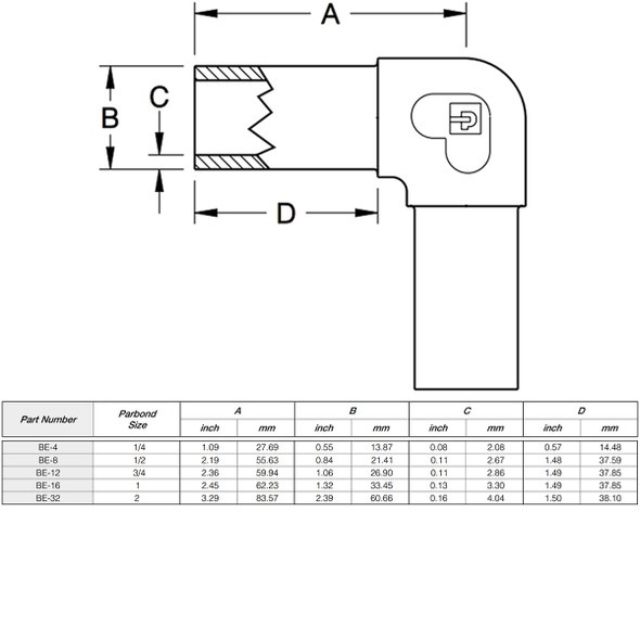 BE-12 Parker Partek 90° Elbow Connector Dimensions