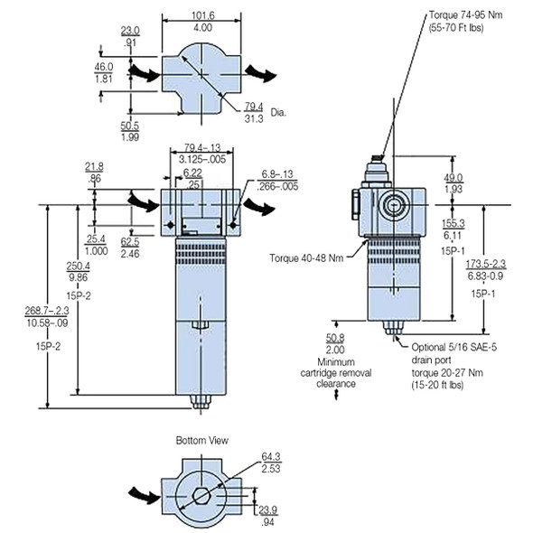 15P110QVM2KS124 Parker Hydraulics 15P High Pressure Filter Dimensions