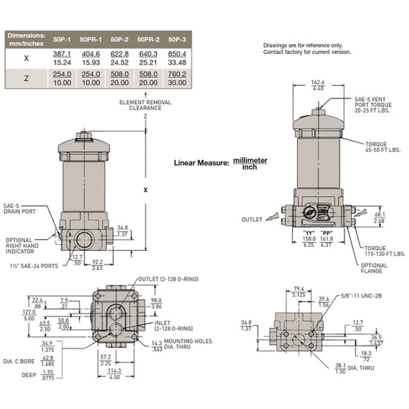 50PR210QM90PP1 Parker Hydraulics 50P High Pressure Filter Dimensions