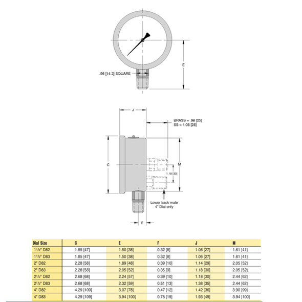 D82LFB 40 02L A 30/30 Trerice D80 Series Industrial Pressure Gauge Dimensions