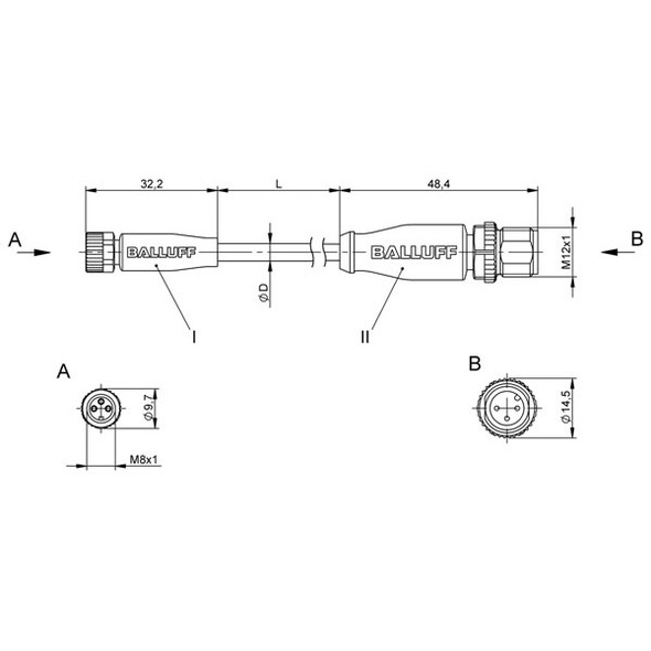 BCC03F8 Balluff Double-Ended Cordset, Unshielded Dimensions