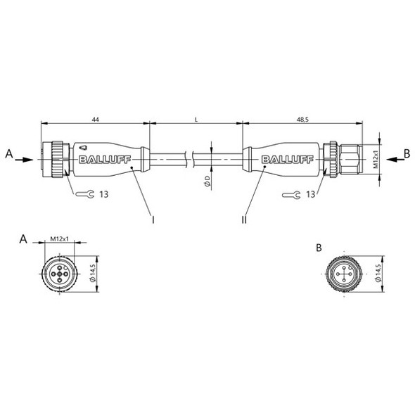 BCC06WR Balluff Double-Ended Cordset, Unshielded Dimensions