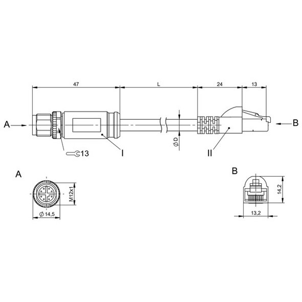 BCC0HZM Balluff Double-Ended Cordset, Ethernet/Profinet Cable, CAT 7 by IEC 60332-1 Dimensions