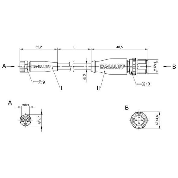 BCC03JY Balluff Double-Ended Cordset, Unshielded Dimensions