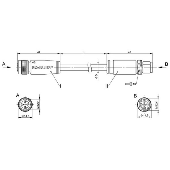 BCC0LLY Balluff Double-Ended Cordset, CAT 7 by IEC 60332-1 Dimensions