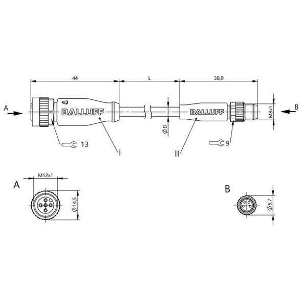 BCC03RM Balluff Double-Ended Cordset, Unshielded Dimensions