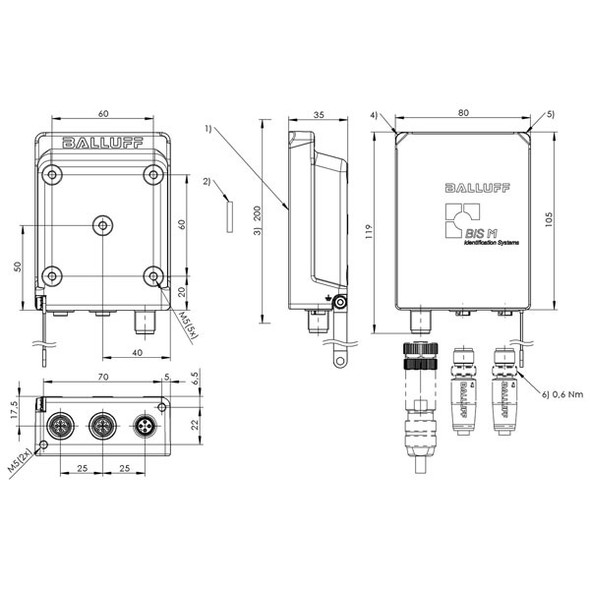 BIS0179 Balluff HF Read/Write Head/Antenna (13.56 MHz), Round Antenna Type, Stand-alone Reader for HF (13.56 MHz) w/ RS232 and Fieldbus Interface Dimensions