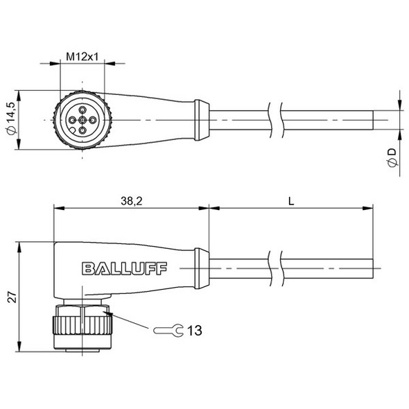 BCC05T7 Balluff Single-Ended Cordset, Unshielded Dimensions