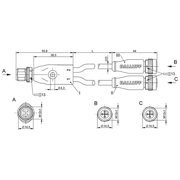 BCC0AL8 Balluff Y-Splitter Dimensions