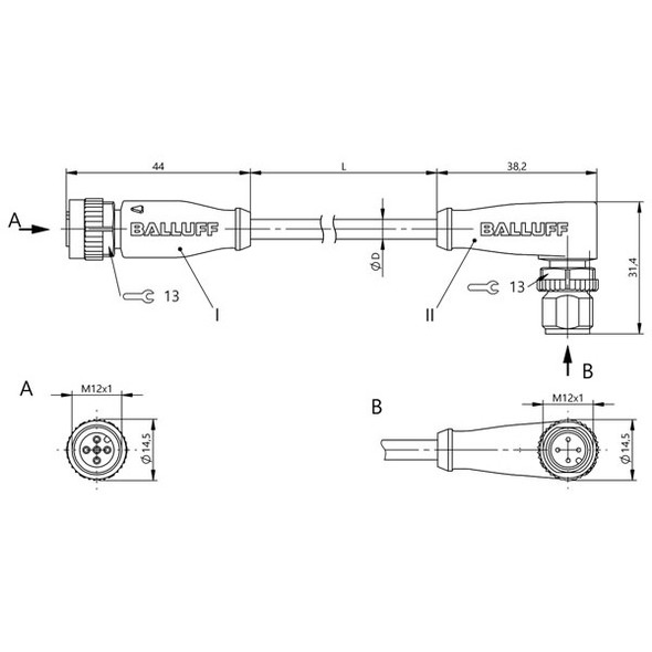 BCC05NY Balluff Double-Ended Cordset, Unshielded Dimensions