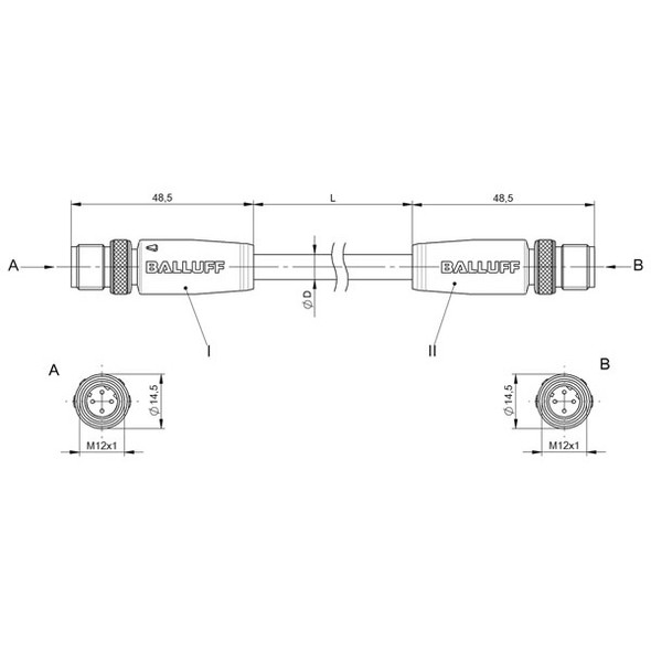 BCC09NL Balluff Double-Ended Cordset, Ethernet/Profinet Cable, CAT 5E Dimensions