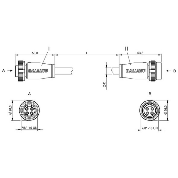 BCC091L Balluff Double-Ended Cordset, Power Cable Dimensions