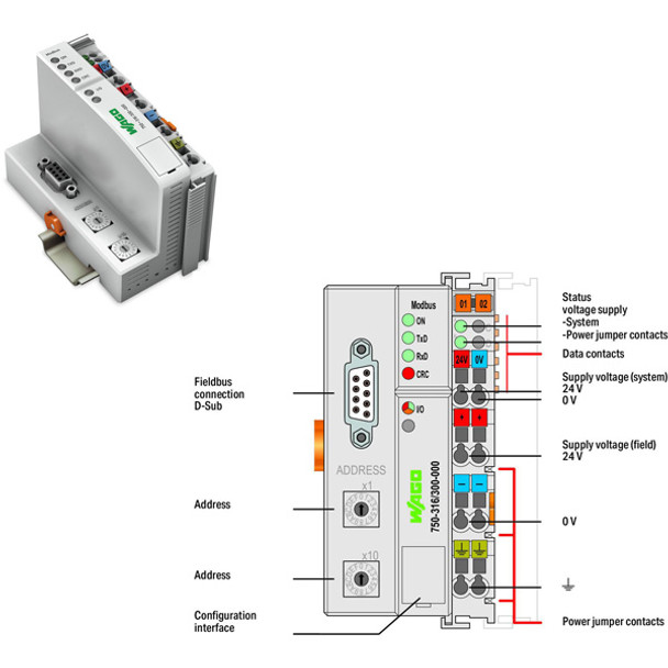 750-316/300-000 WAGO 750 Series Fieldbus coupler / head (remote I/O controller unit)