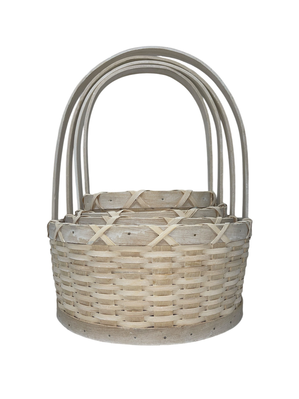 Round White Wash Wood Chip Baskets (16 PC) Thompson Wholesale, Inc.