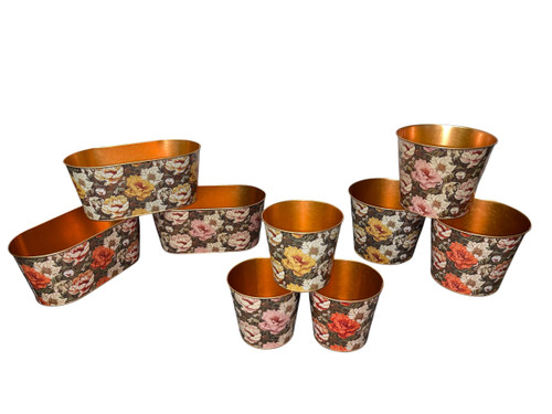 Floral Copper Metal Oval & Round Pots Set (36 PC)